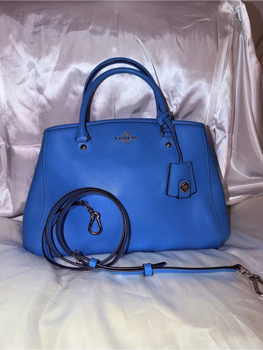 Coach Electric Blue Pebble Leather Satchel with Crossbody Strap
